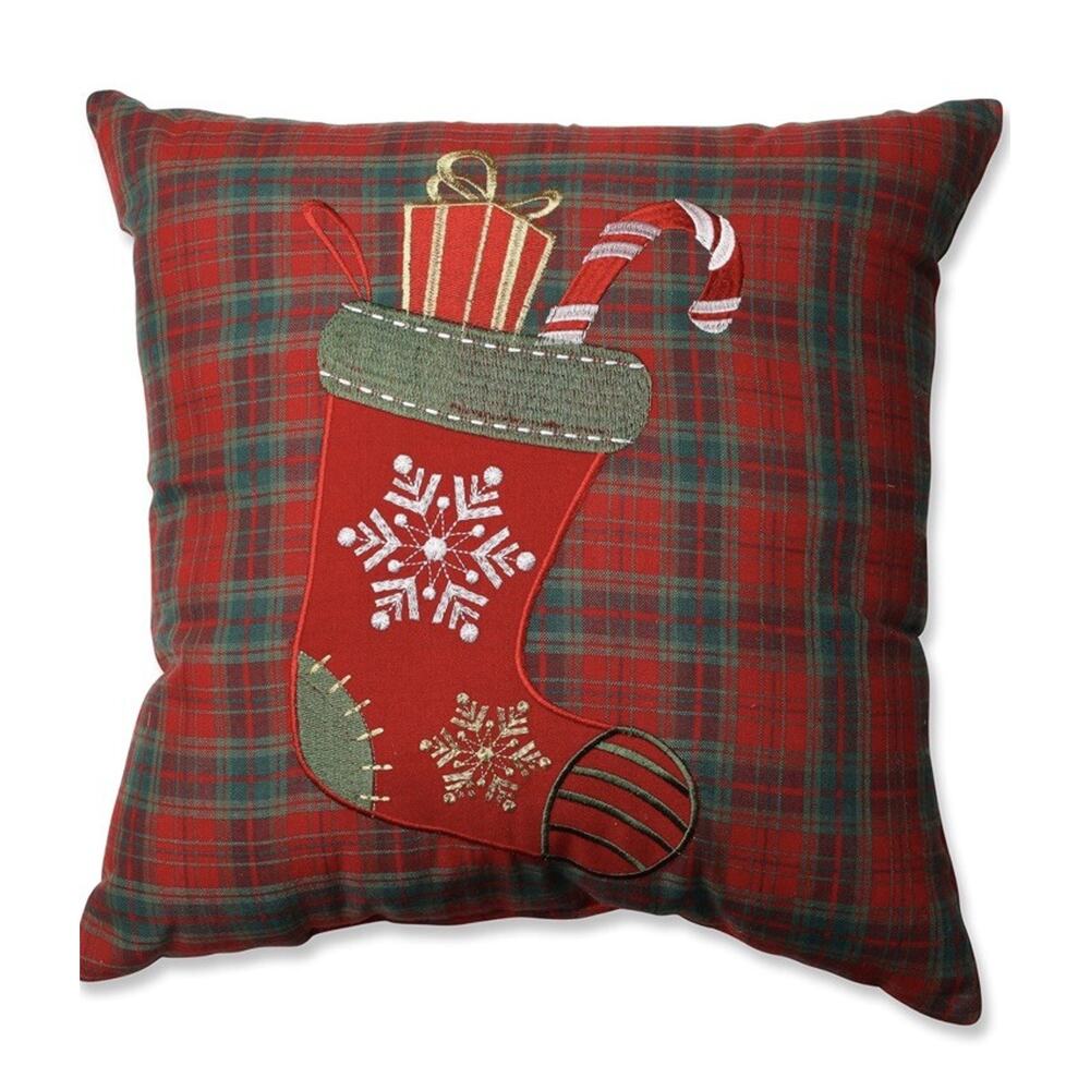 Christmas STOCKING Red/green PLAID Throw Pillow Candy Cane Snowflake 16.5 X 16.5